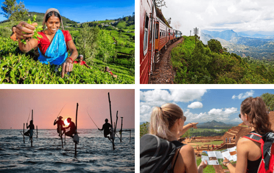 Photo montage de quatre images représentant une habitante locale dans un champs, un train traditionnel, deux touristes et la mer au coucher de soleil. 