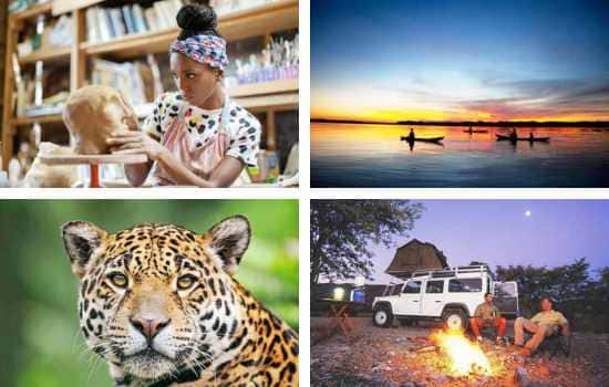 Photo montage de la Tanzanie : tigre, van life, kayak, activités culturelles. 
