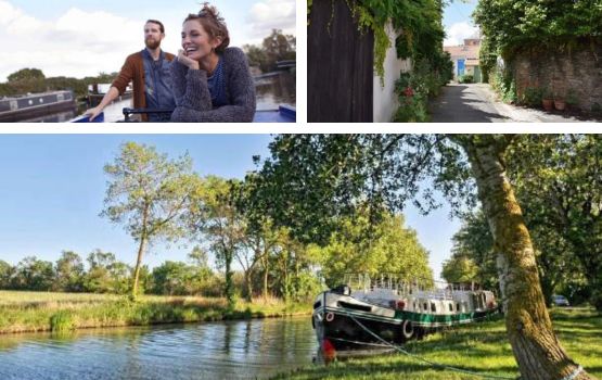 Photo montage illustrant un couple sur une péniche visitant la région.