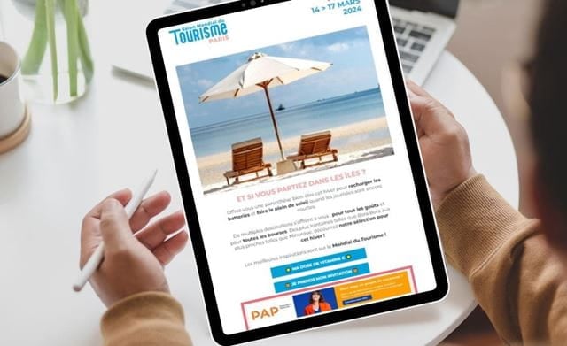 Image d'une newsletter les" Salons du Tourisme" envoyée quelques temps avant le salon, lue sur une tablette.