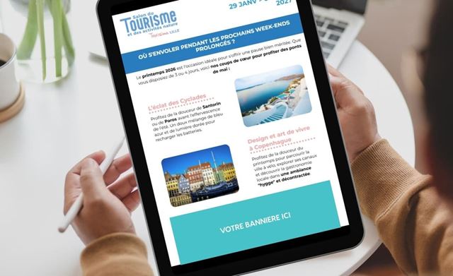 Image d'une newsletter les" Salons du Tourisme" envoyée quelques temps avant le salon, lue sur une tablette.