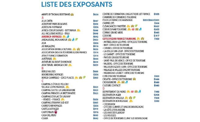 Les noms de certains exposants en gras sur le guide de viiste. 