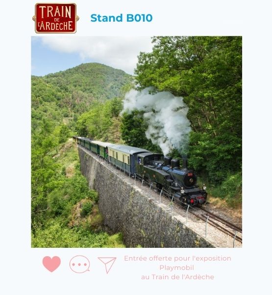 Visuel pour annoncer une offre spécaile salon Le train de l'Ardèche : Entrée offerte pour l'exposition Playmobil  au Train de l'Ardèche. 