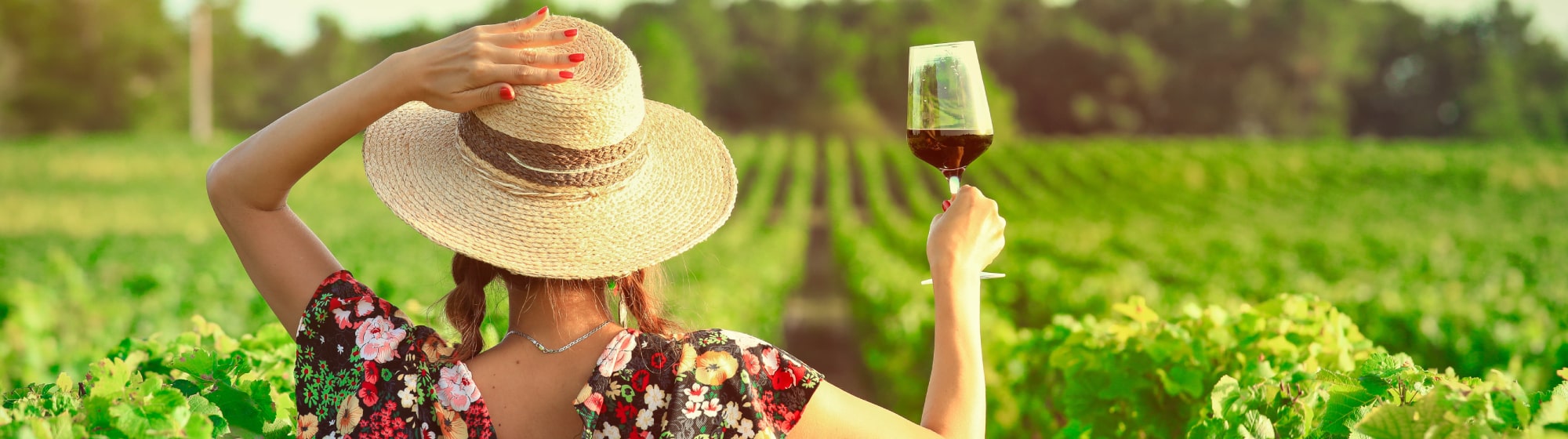 Une femme qui tient un verre de vin rouge dans un champs de vignes