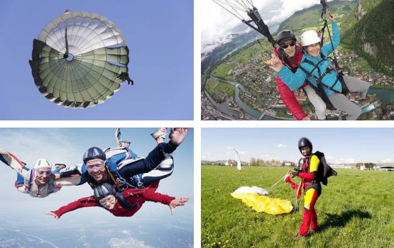 Diverses photographies illustrant la pratique du parachutisme.