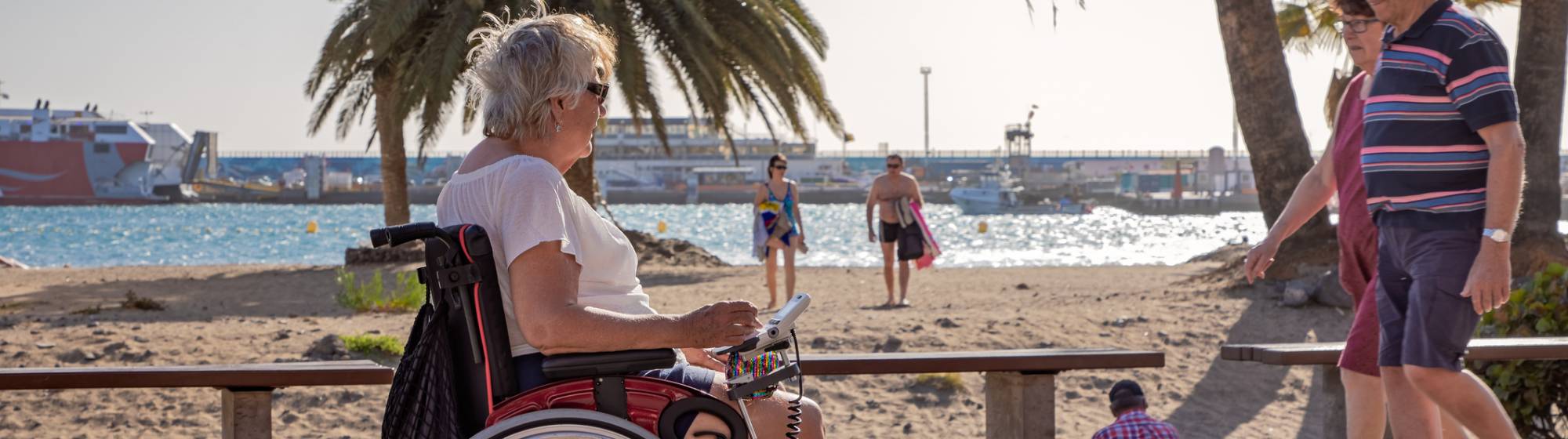 une femme en fauteuil roulant au bord de la plage